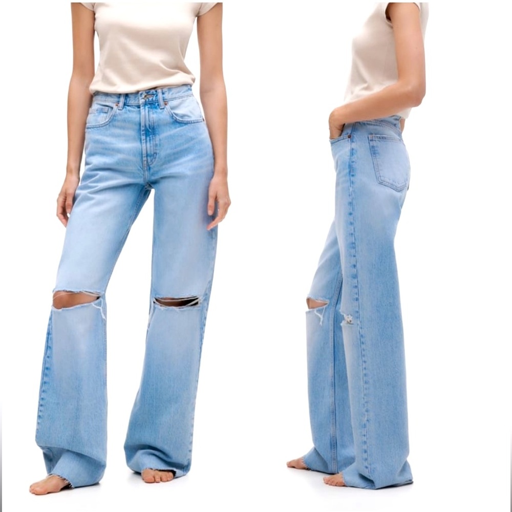 ZARA High Rise‎ Wide Leg Distressed Denim Jeans size 2 - Picture 3 of 13